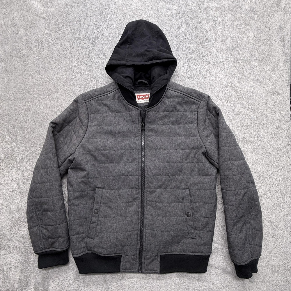 Levi's Jacket Mens M Gray Quilted Hooded Insulated Lined Full Zip Pockets